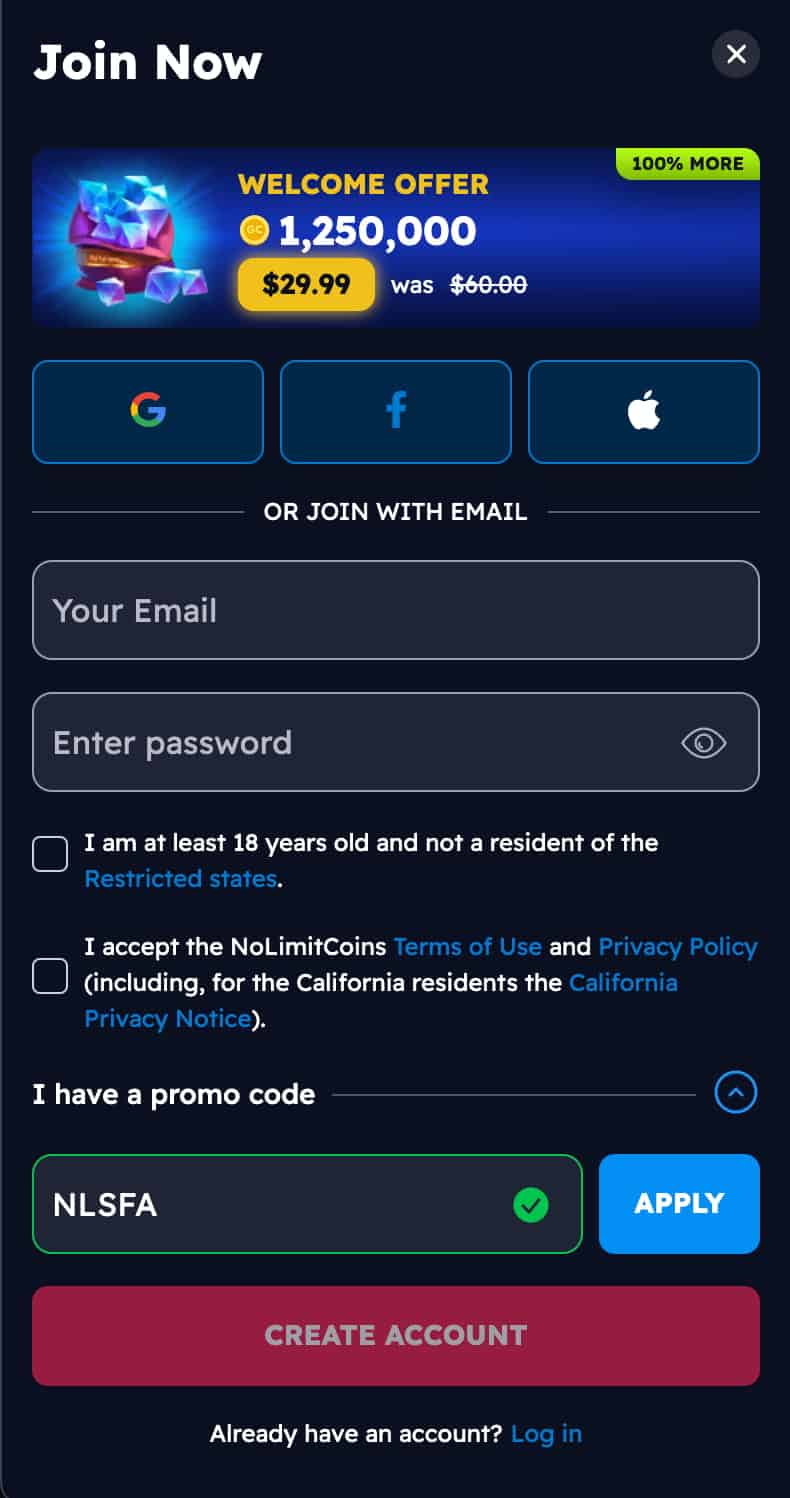NoLimitCoins promo code sign up page.